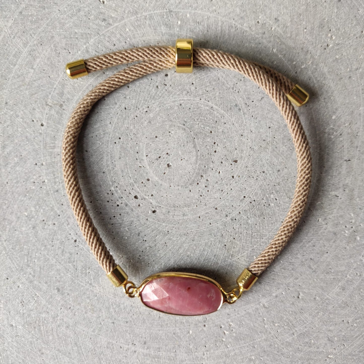 Rhodochrosite Adjustable Bracelet on a Taupe Twisted Cord
