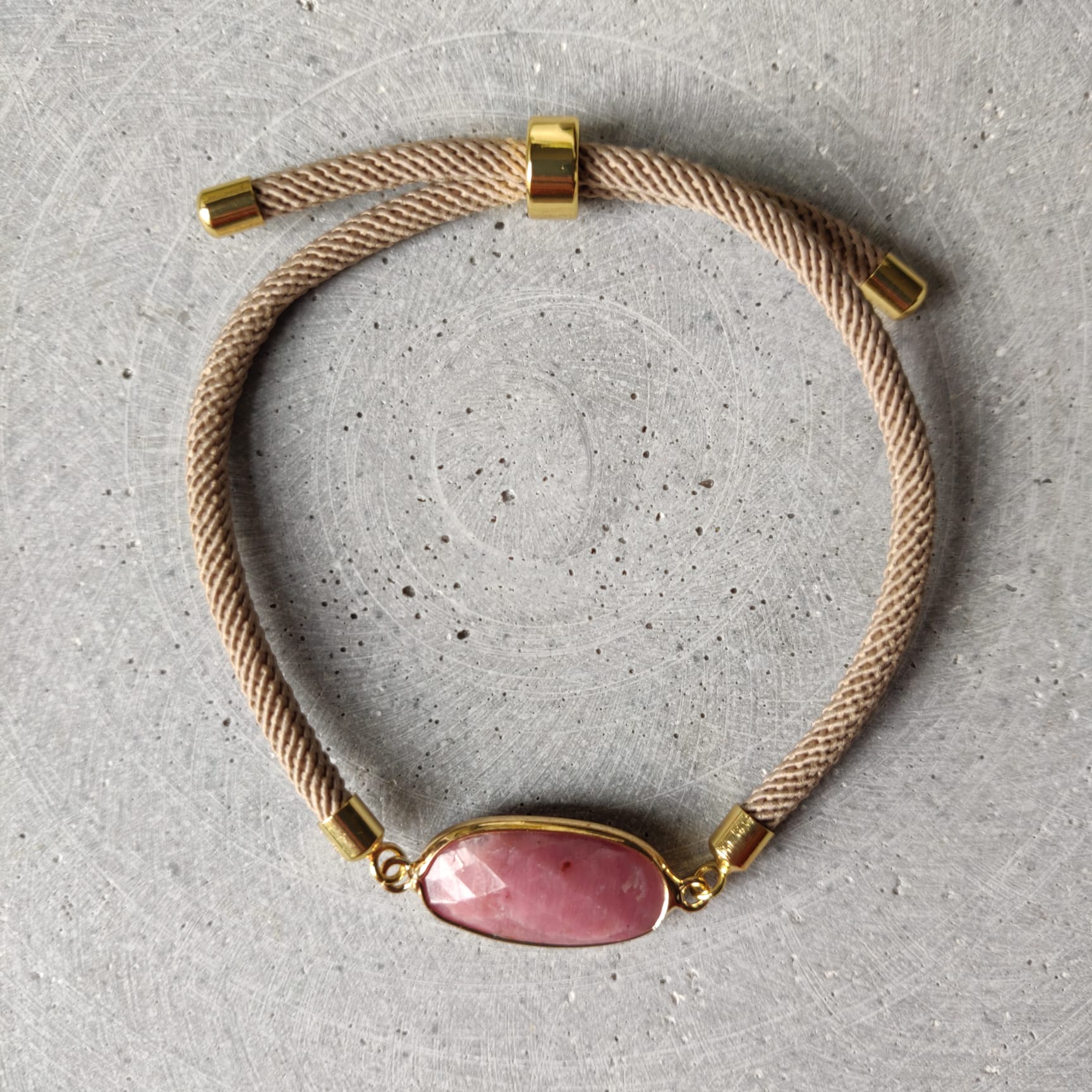 Rhodochrosite Adjustable Bracelet on a Taupe Twisted Cord