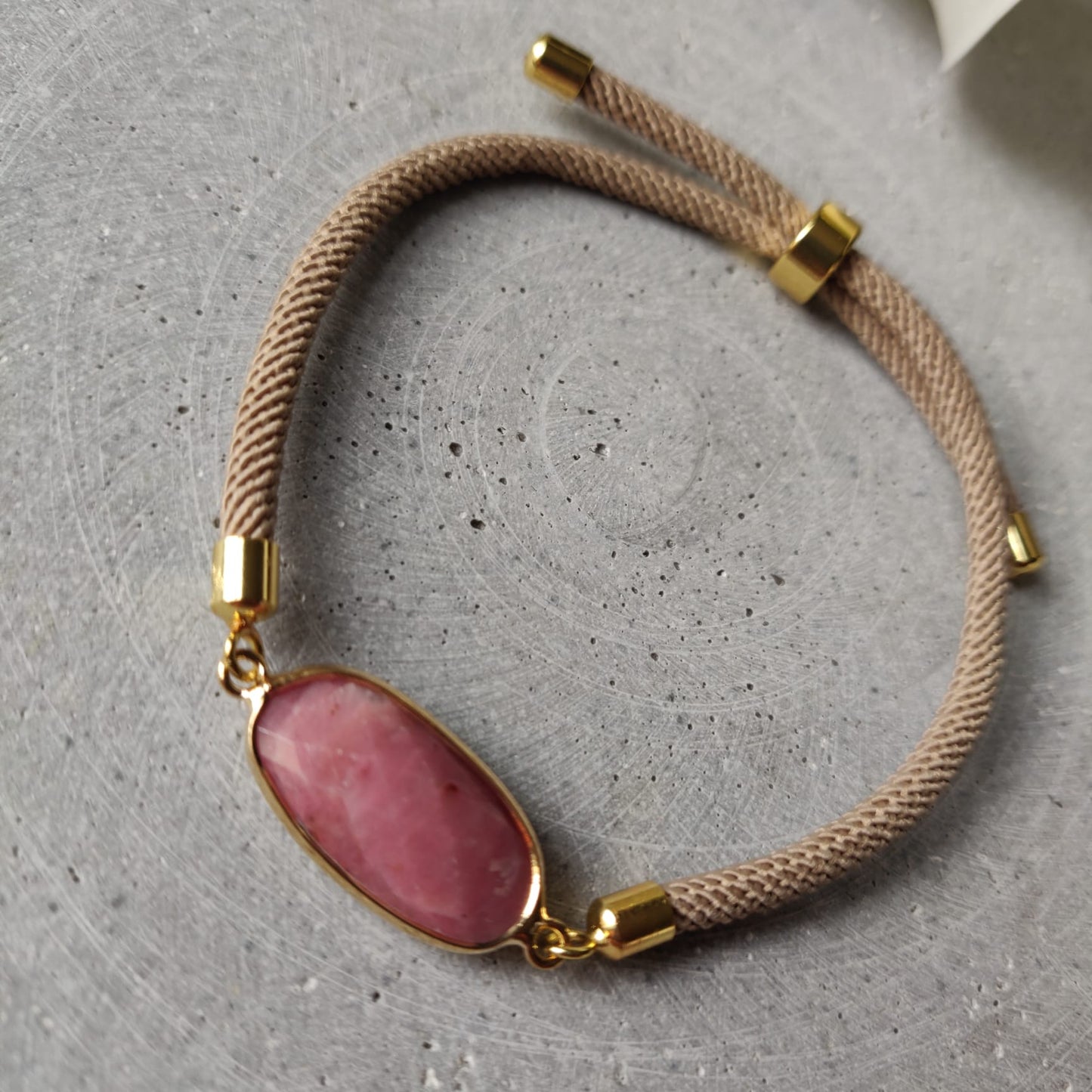 Rhodochrosite Adjustable Bracelet on a Taupe Twisted Cord
