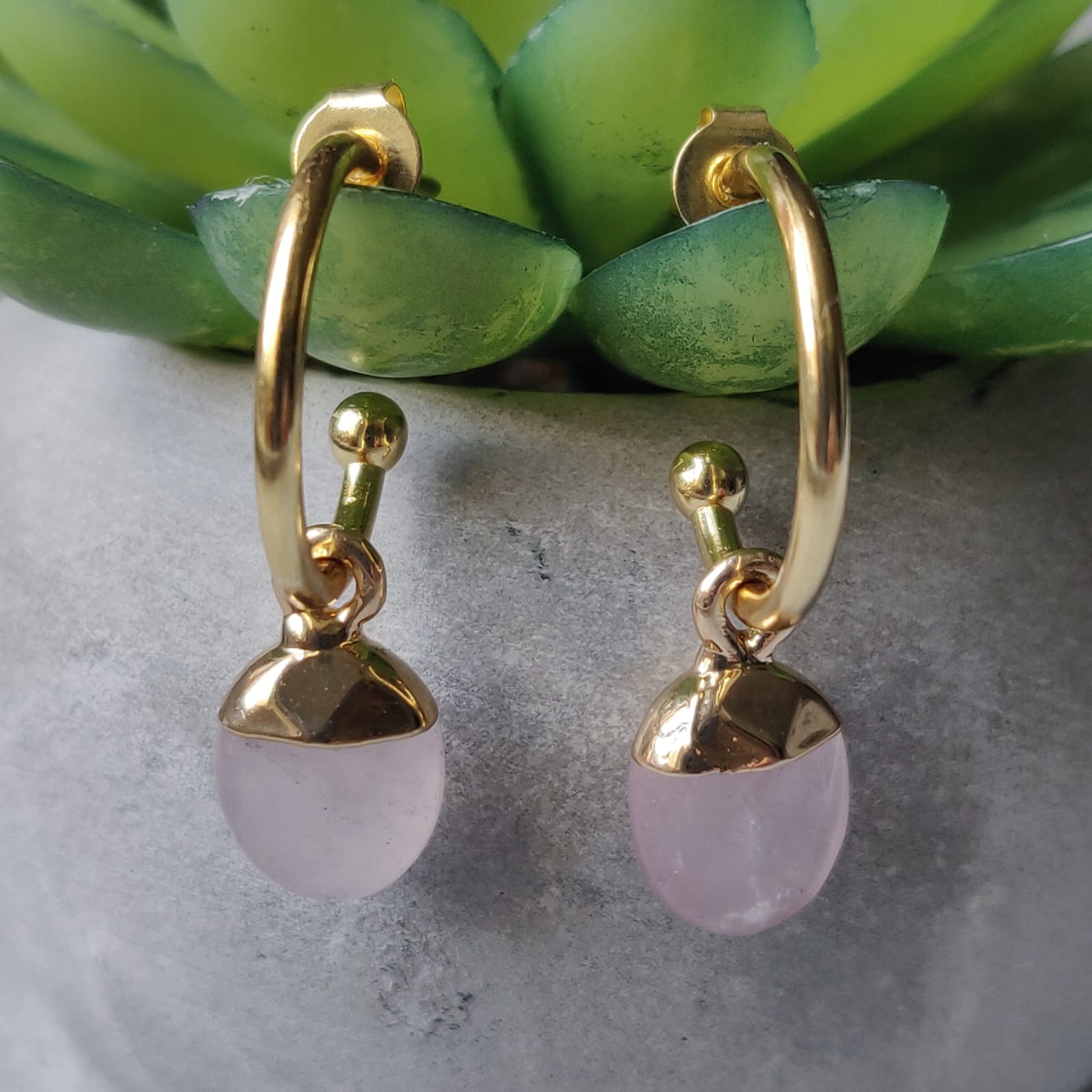 Rose Quartz Oval Gold Tone Drop Earrings