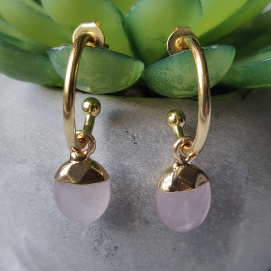 Rose Quartz Oval Gold Tone Drop Earrings