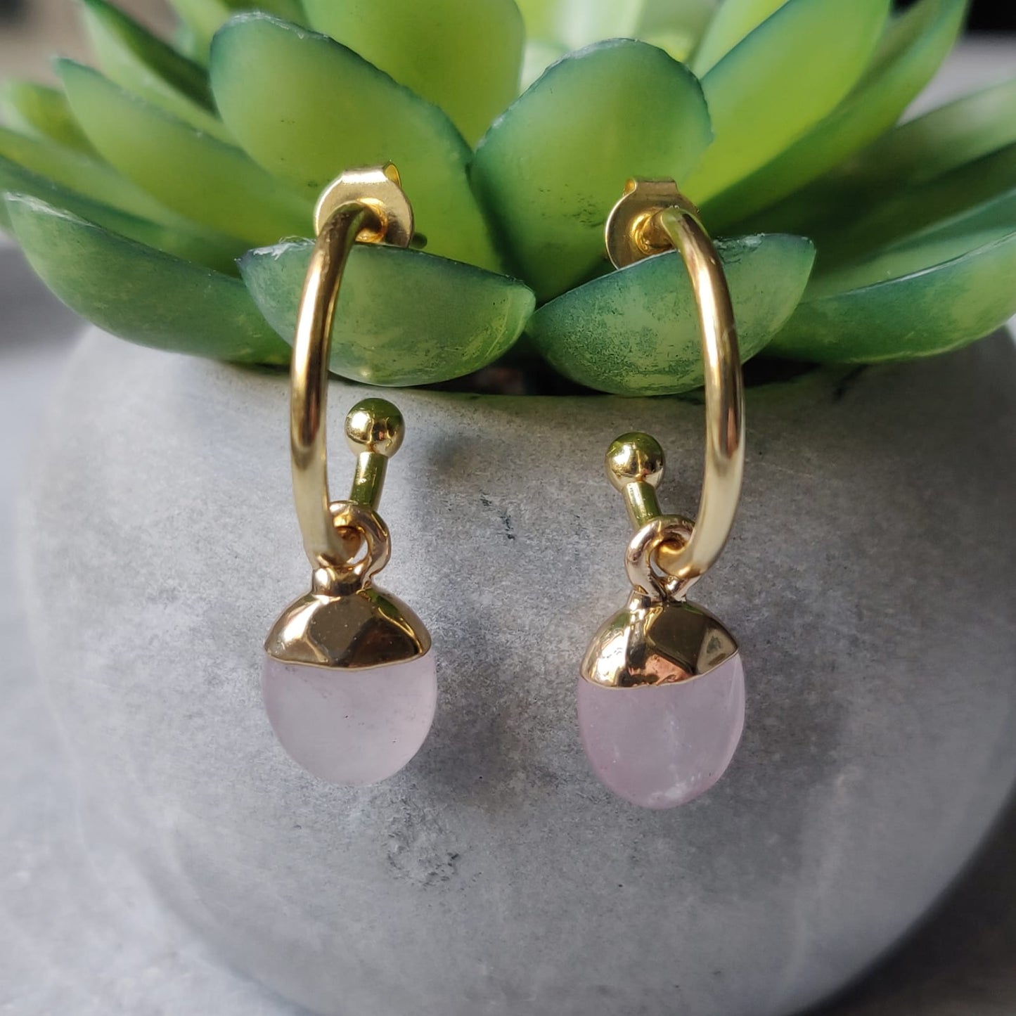Rose Quartz Oval Gold Tone Drop Earrings