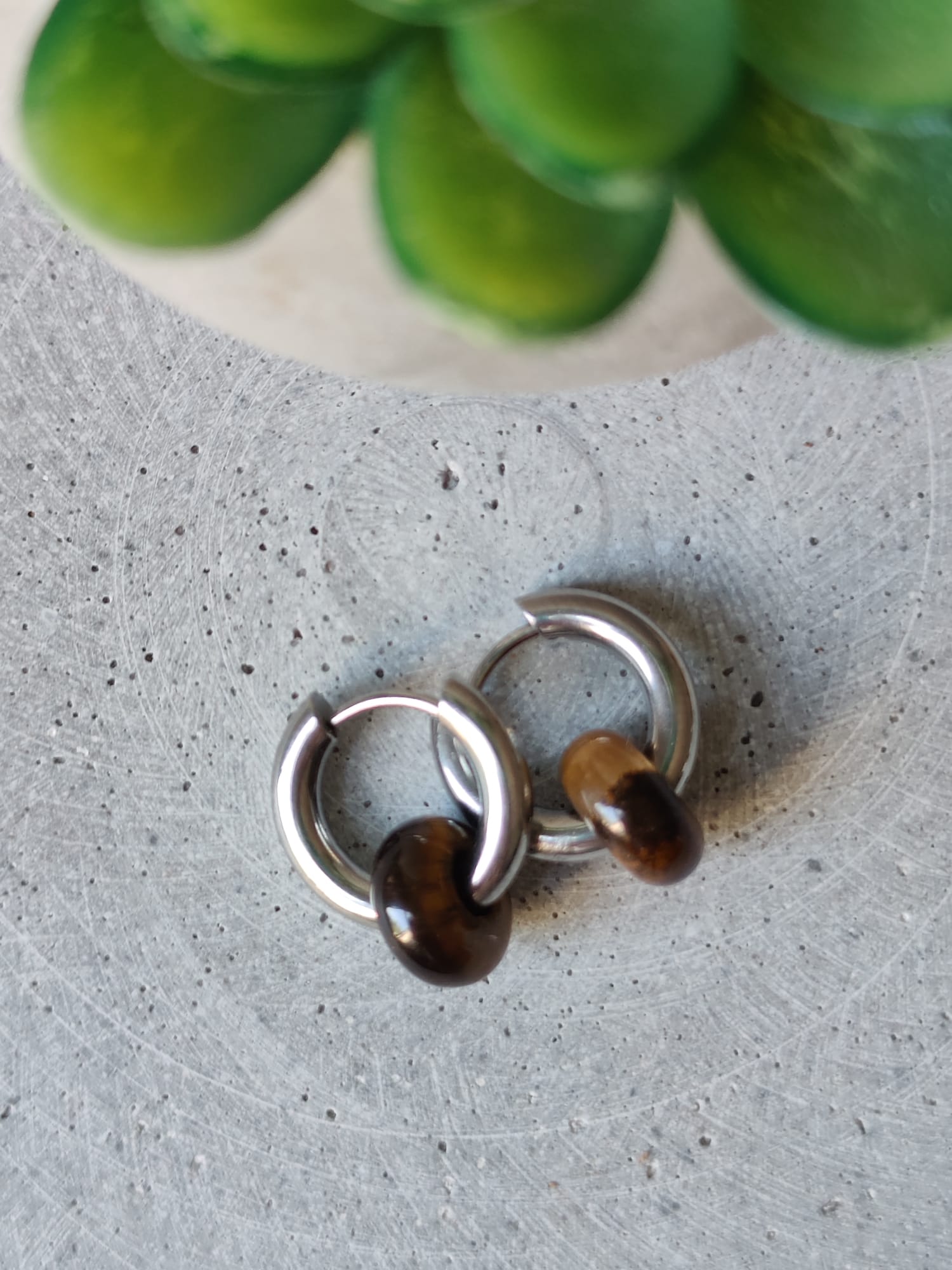 Tigers Eye Donut Earrings on 15mm Stainless Steel Huggie