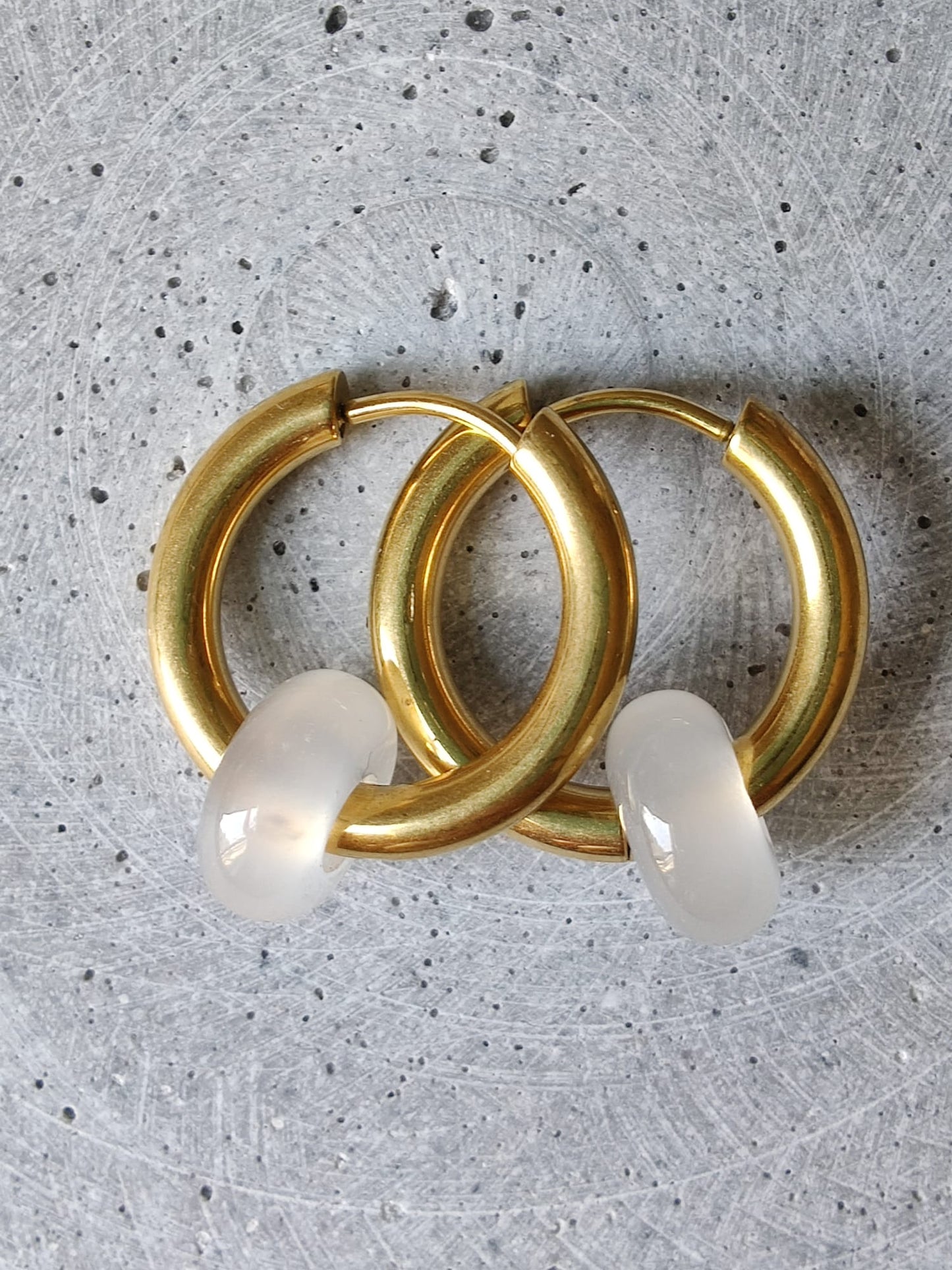 White Agate Donut Earrings 20mm Gold Tone Stainless Steel Huggie