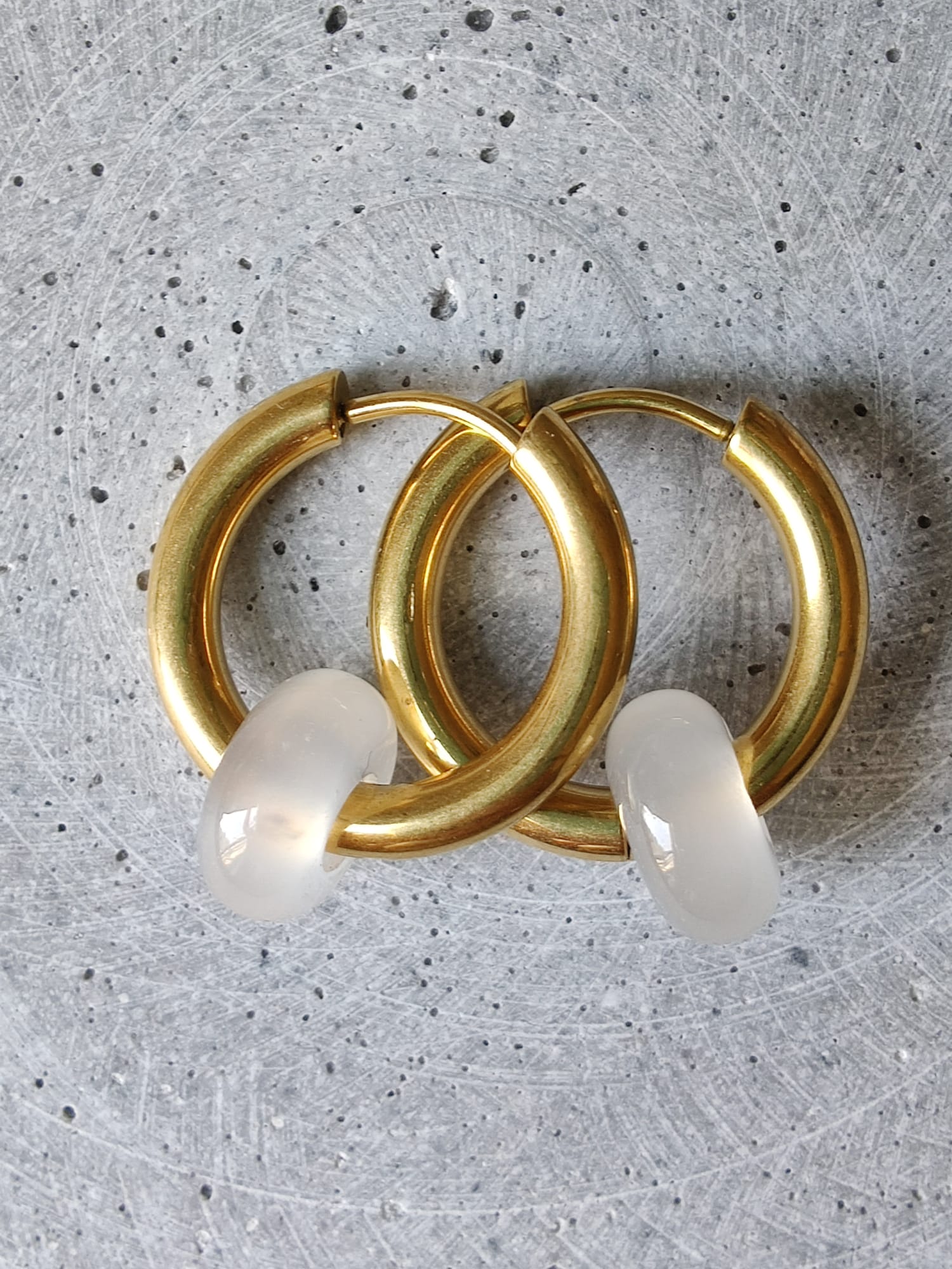 White Agate Donut Earrings 20mm Gold Tone Stainless Steel Huggie