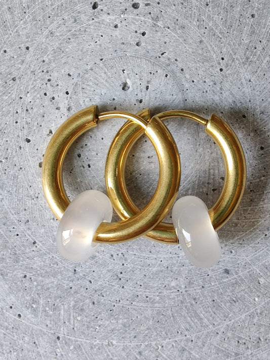 White Agate Donut Earrings 20mm Gold Tone Stainless Steel Huggie