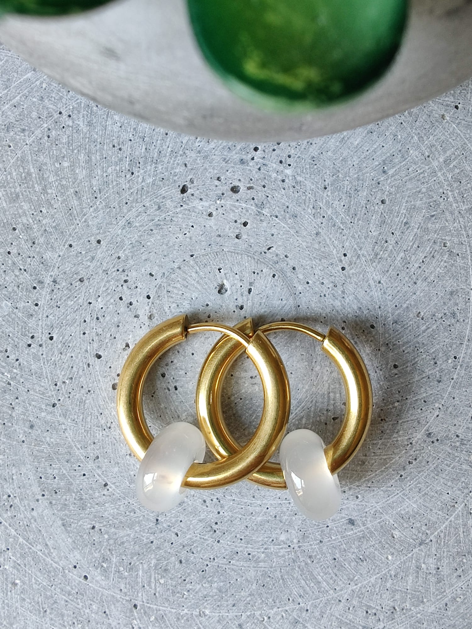 White Agate Donut Earrings 20mm Gold Tone Stainless Steel Huggie