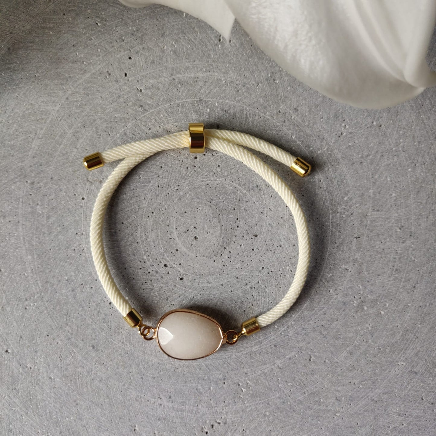 White Jade Adjustable Bracelet On Ivory Twisted Cord
