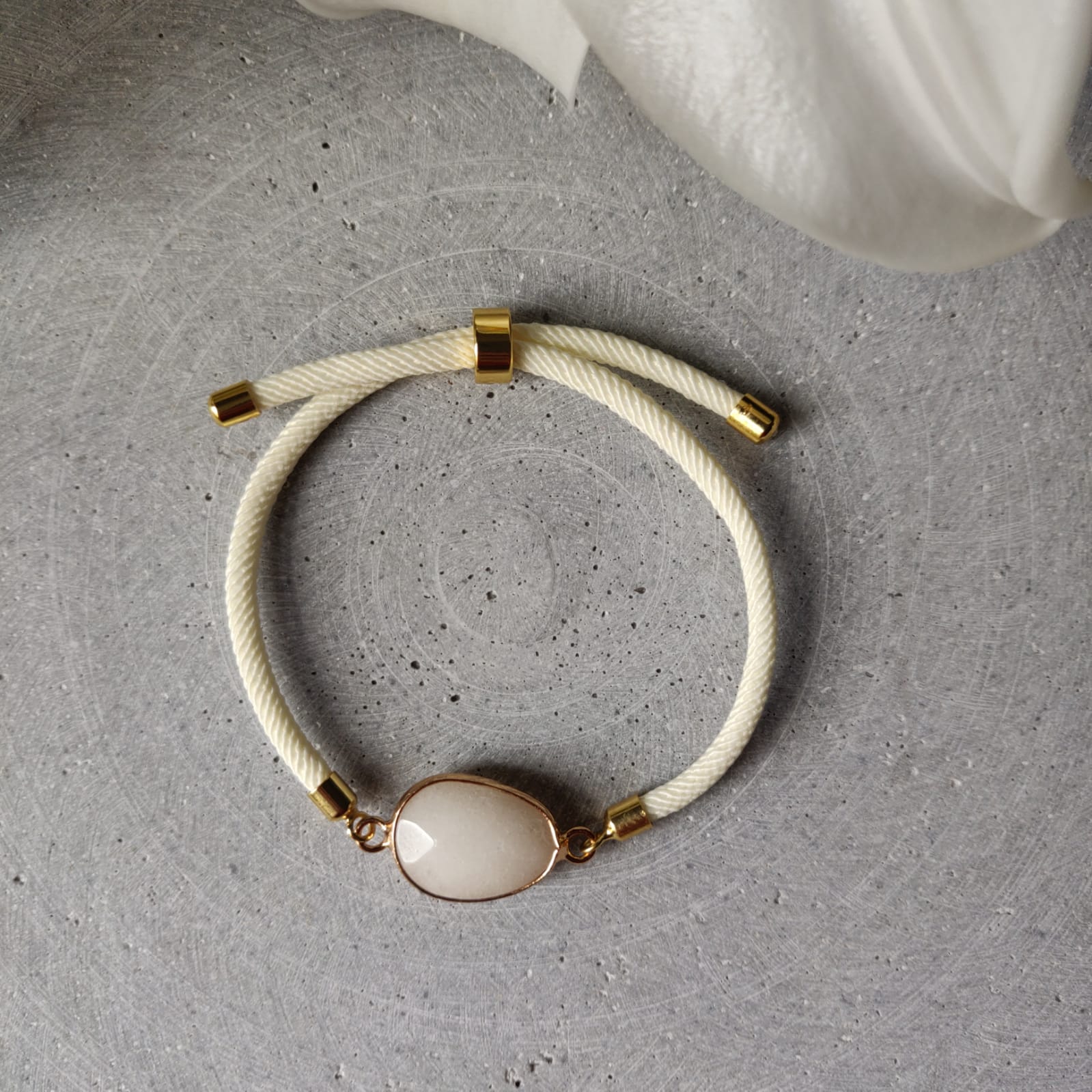 White Jade Adjustable Bracelet On Ivory Twisted Cord