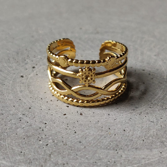 Stainless Steel Cut Out Adjustable Ring Gold Tone