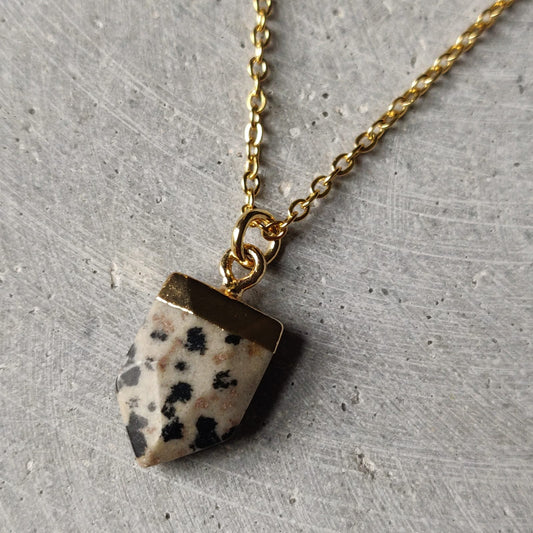 Dalmatian Jasper Crystal Arrow on Gold Tone Stainless Steel Necklace
