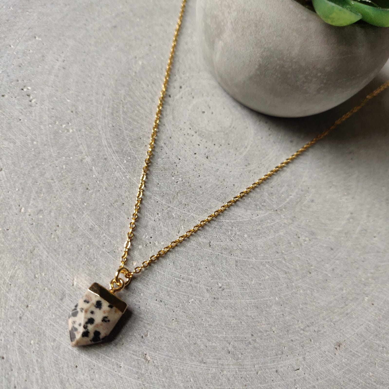 Dalmatian Jasper Crystal Arrow on Gold Tone Stainless Steel Necklace