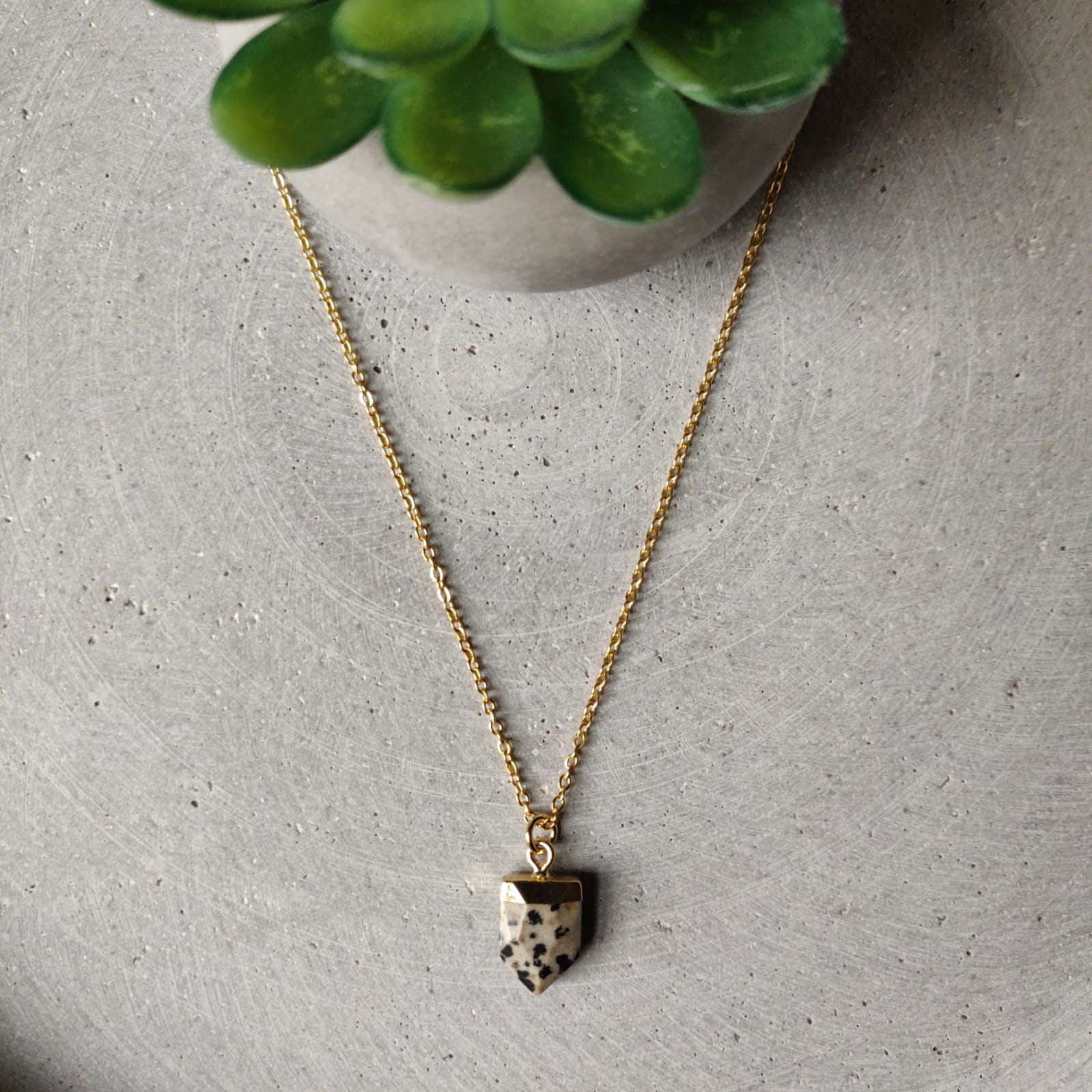 Dalmatian Jasper Crystal Arrow on Gold Tone Stainless Steel Necklace