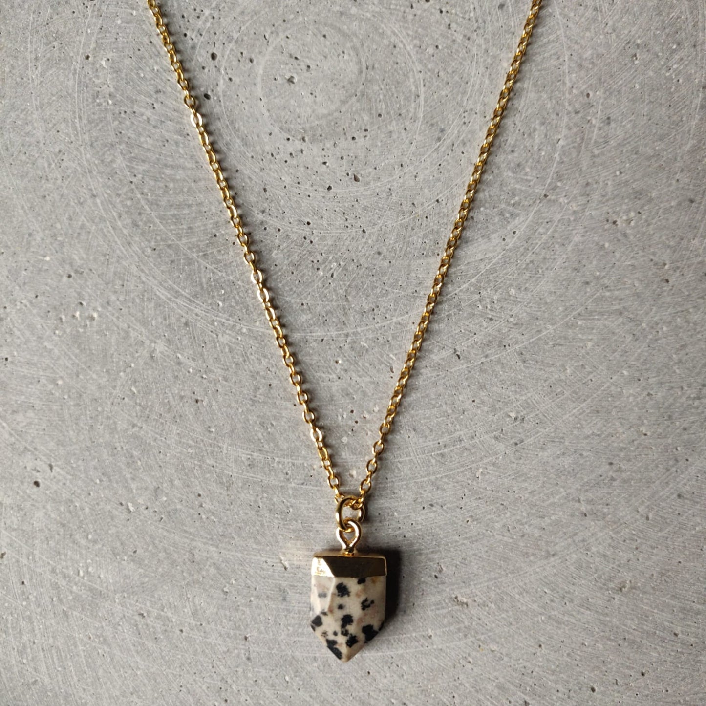 Dalmatian Jasper Crystal Arrow on Gold Tone Stainless Steel Necklace
