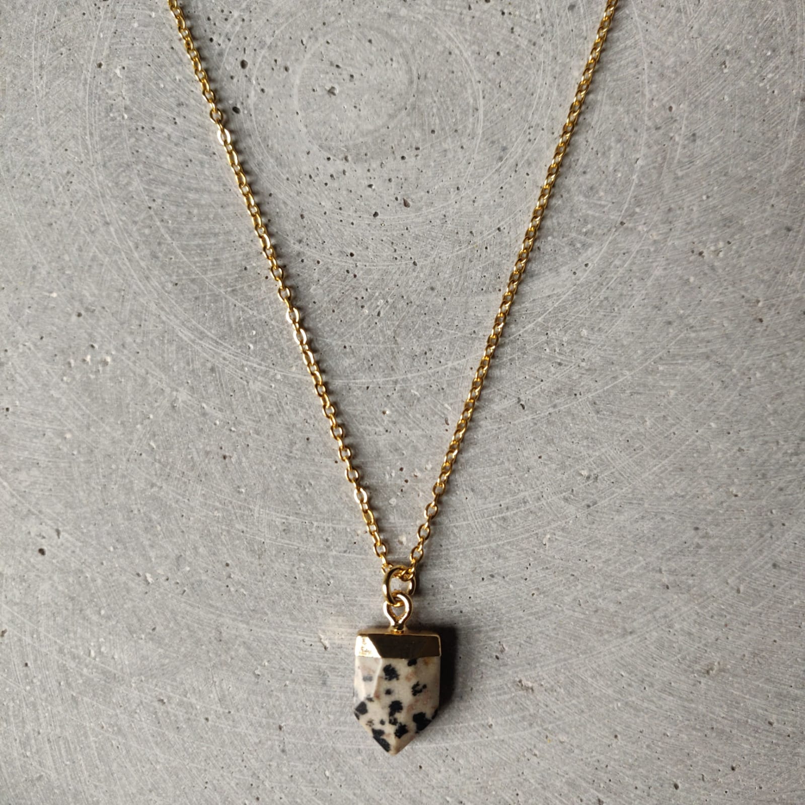Dalmatian Jasper Crystal Arrow on Gold Tone Stainless Steel Necklace