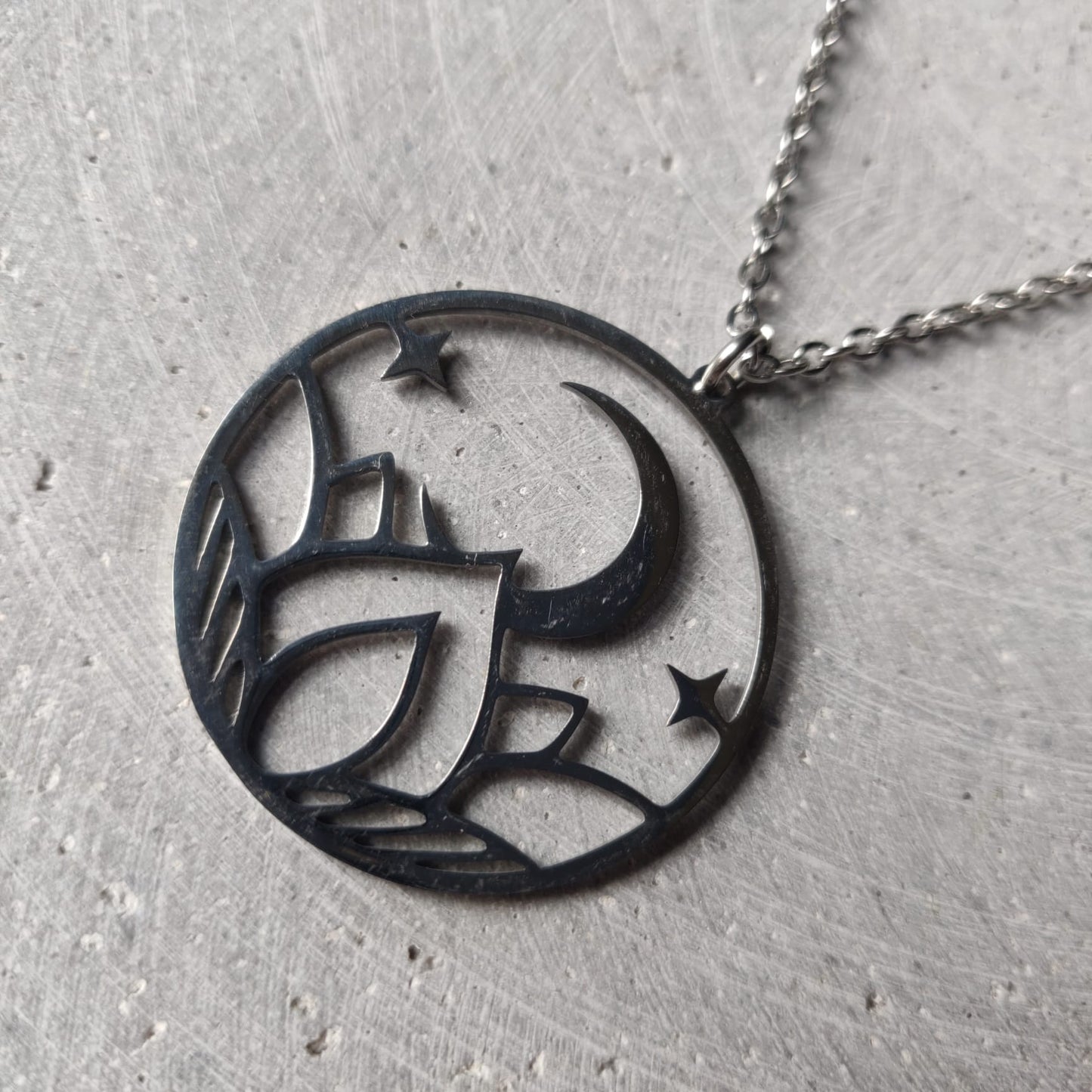 Moon Sitting On Lotus Flower Silver Tone Stainless Steel Necklace