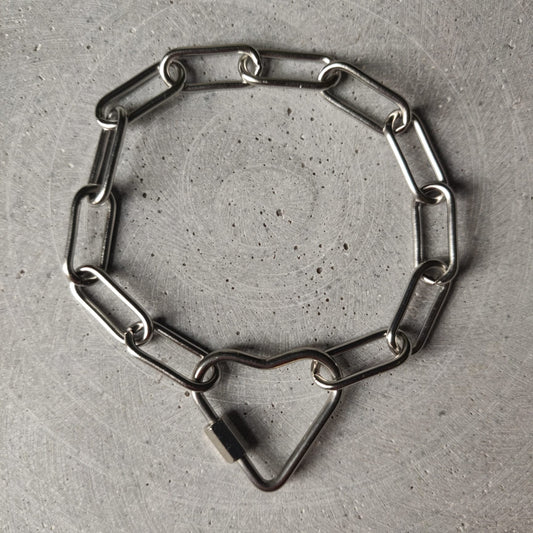 Heart Clasp Paperclip Chain Bracelet Silver Tone Stainless Steel