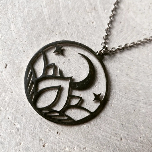 Moon Sitting On Lotus Flower Silver Tone Stainless Steel Necklace