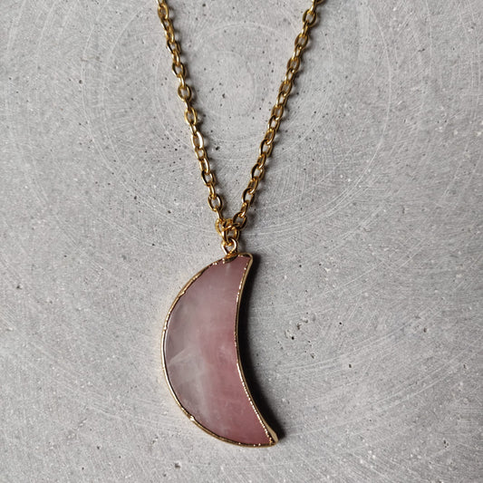 Large Rose Quartz Moon on Gold Tone Stainless Steel Necklace