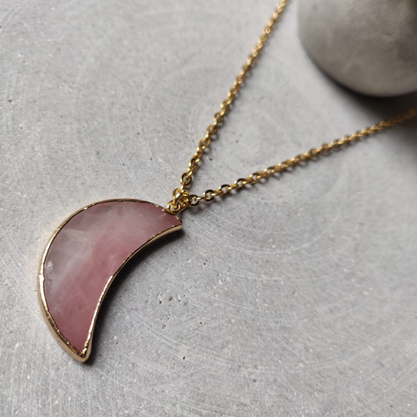 Large Rose Quartz Moon on Gold Tone Stainless Steel Necklace