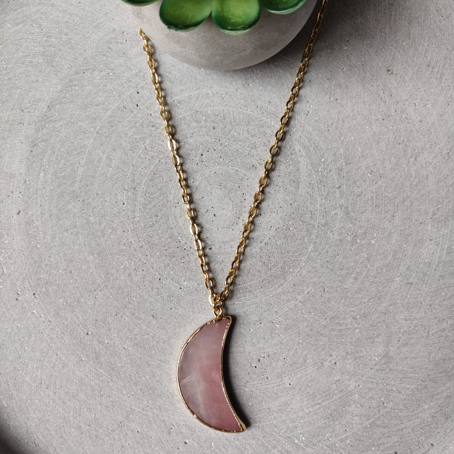 Large Rose Quartz Moon on Gold Tone Stainless Steel Necklace