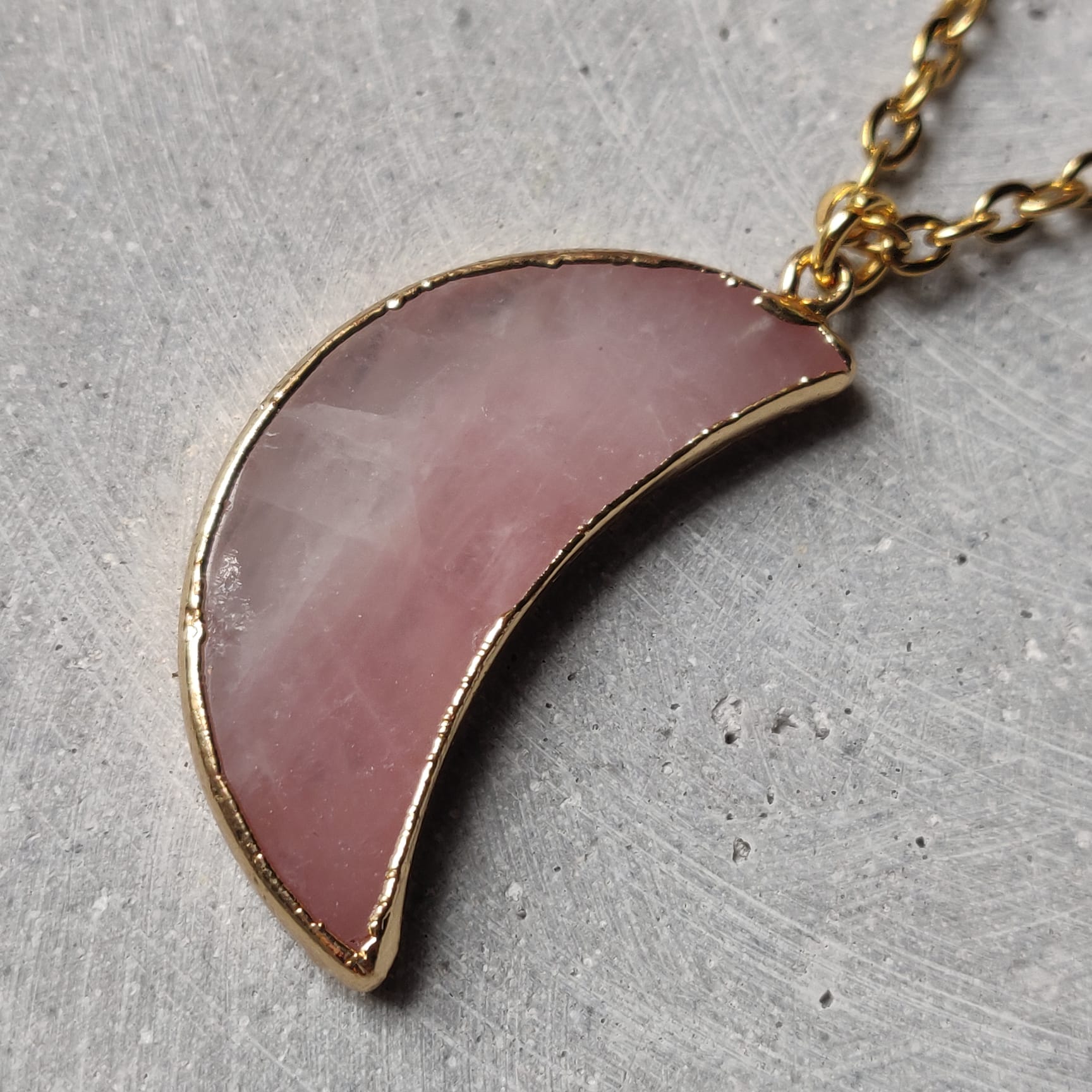 Large Rose Quartz Moon on Gold Tone Stainless Steel Necklace