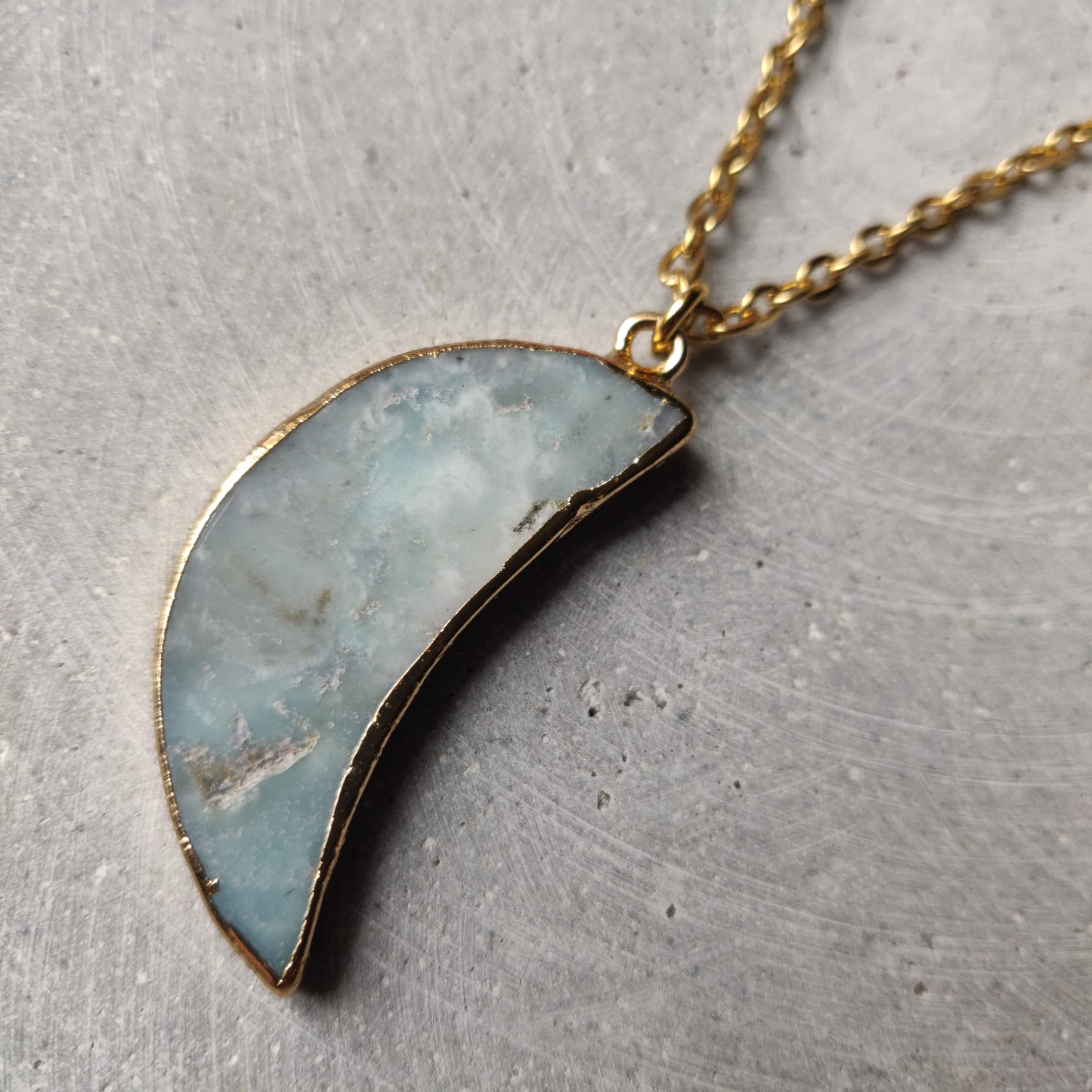 Large Amazonite Moon on Gold Tone Stainless Steel Necklace