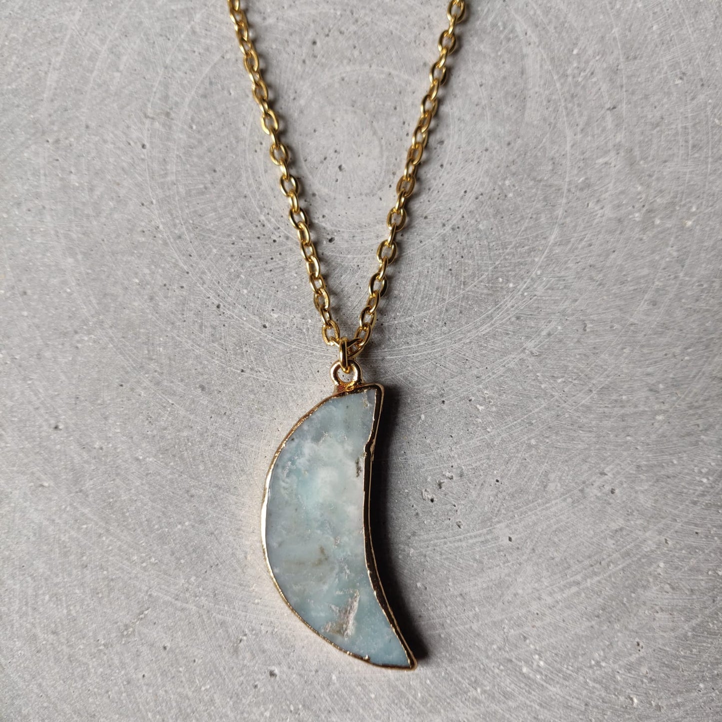 Large Amazonite Moon on Gold Tone Stainless Steel Necklace