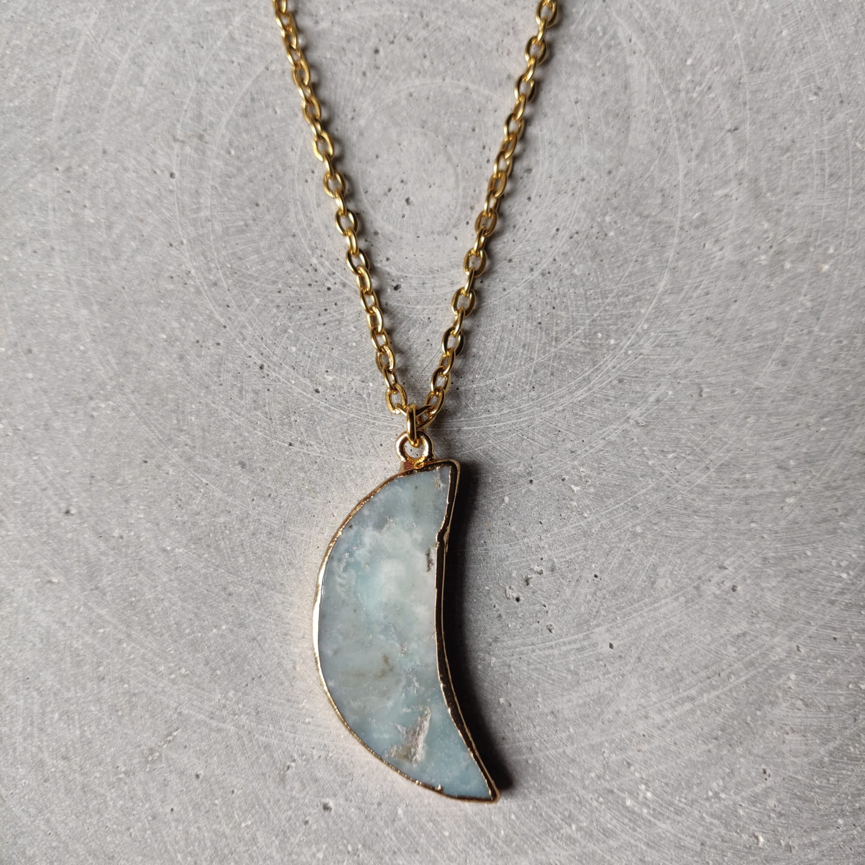 Large Amazonite Moon on Gold Tone Stainless Steel Necklace