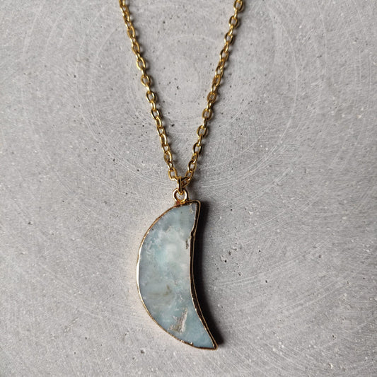 Large Amazonite Moon on Gold Tone Stainless Steel Necklace