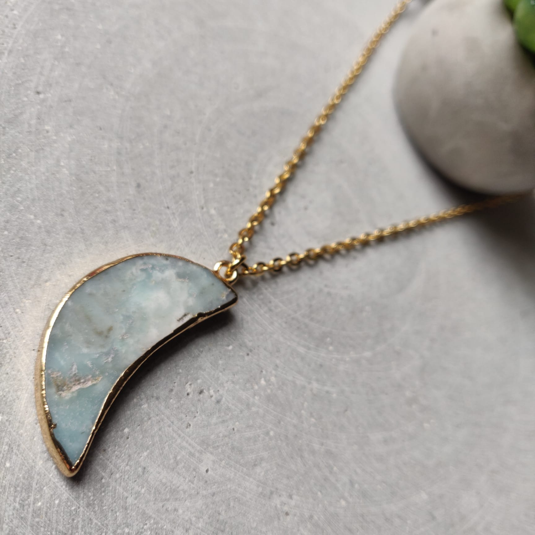 Large Amazonite Moon on Gold Tone Stainless Steel Necklace