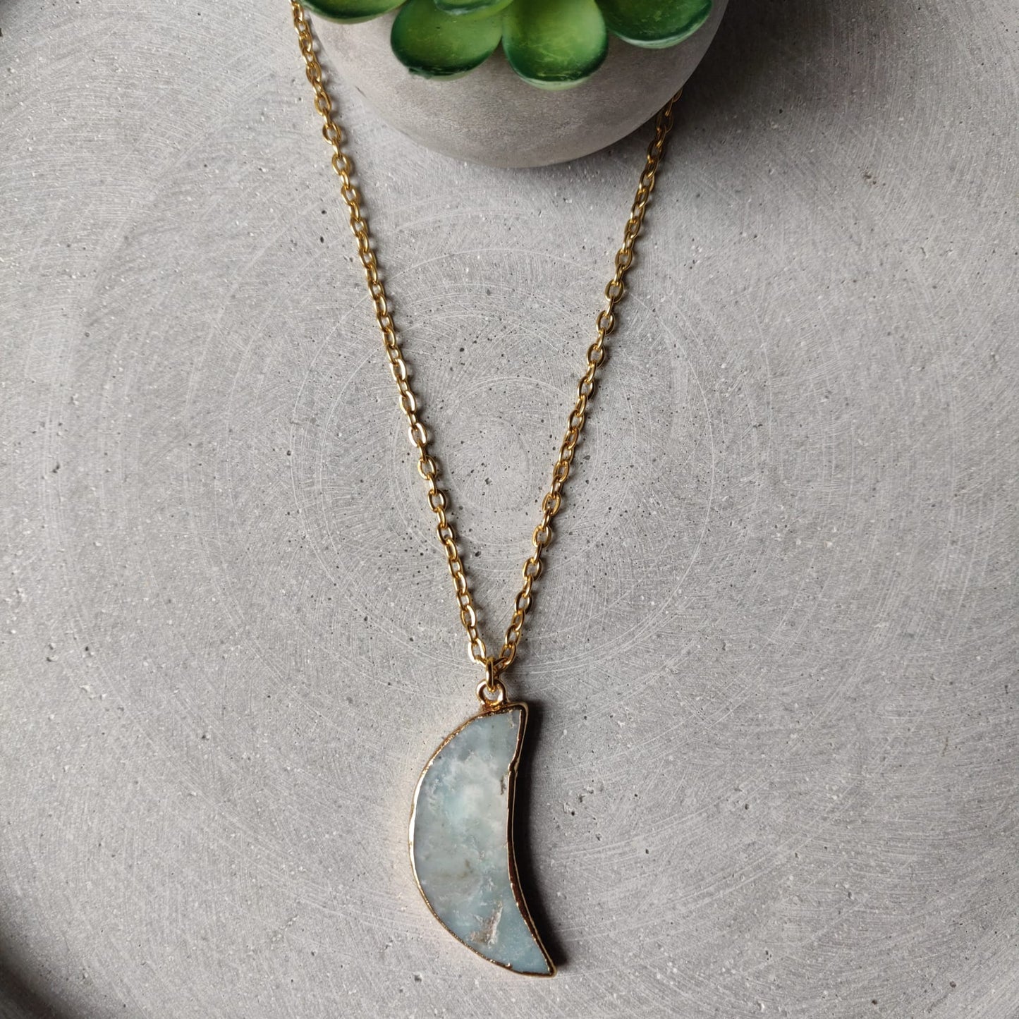 Large Amazonite Moon on Gold Tone Stainless Steel Necklace