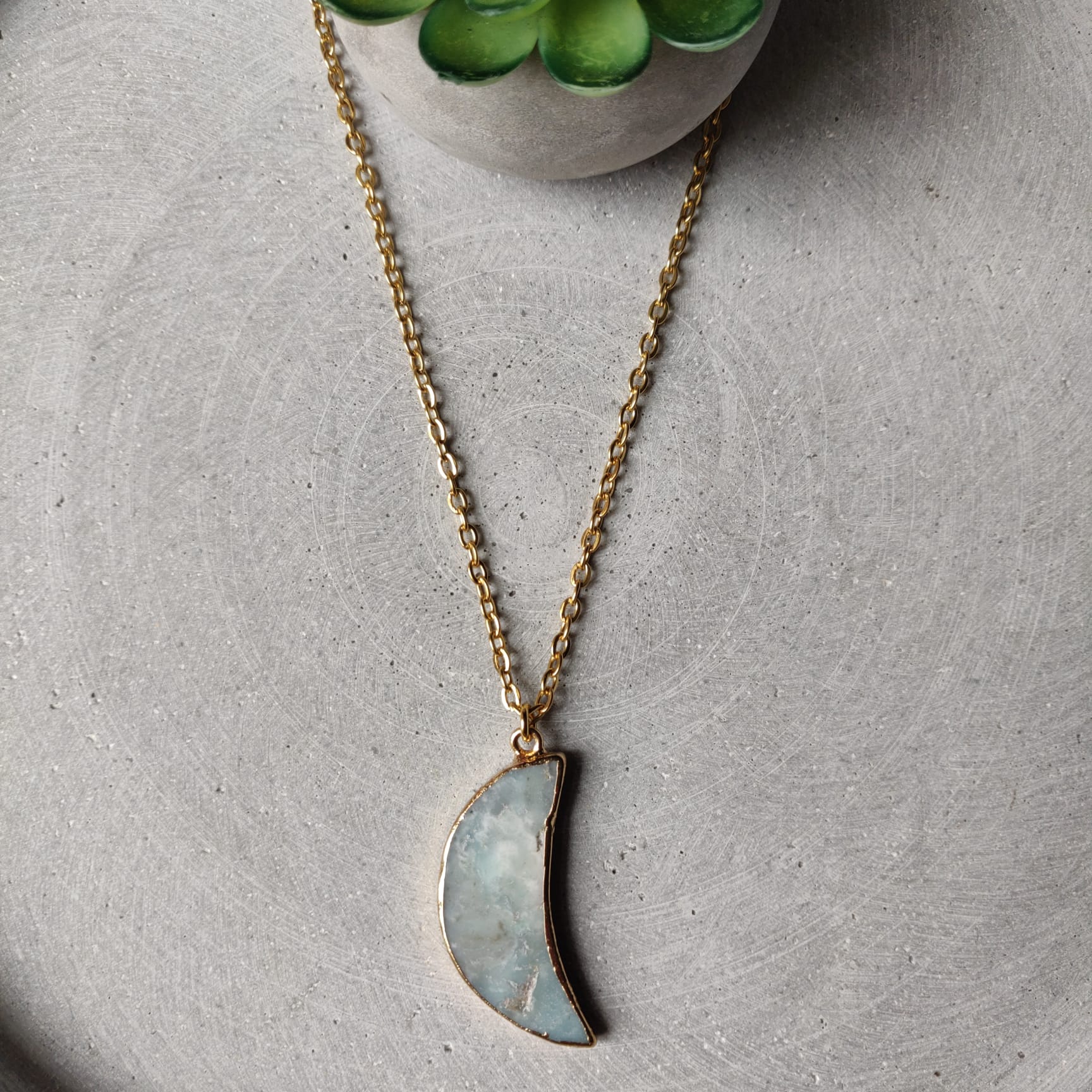 Large Amazonite Moon on Gold Tone Stainless Steel Necklace