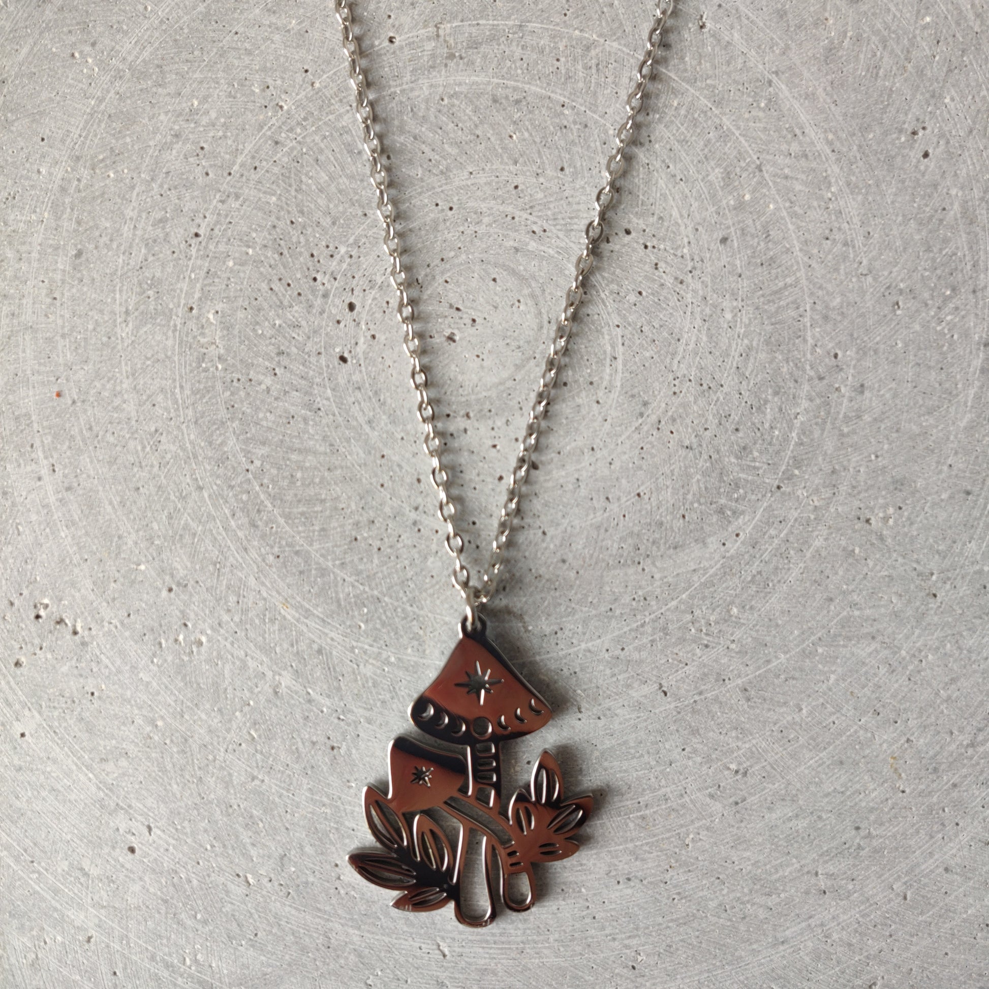 Twin Mushroom Pendant on Stainless Steel Necklace