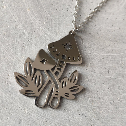 Twin Mushroom Pendant on Stainless Steel Necklace
