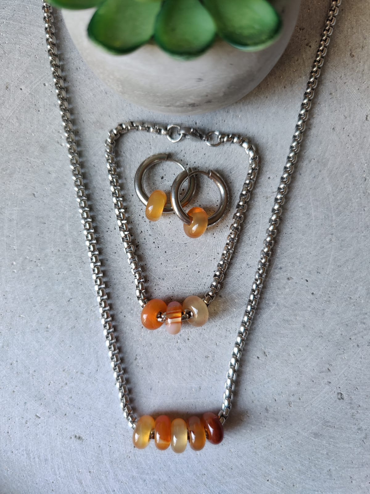 Carnelian Donuts set including Box Chain Necklace, Bracelet and Huggie Earrings all on stainless steel