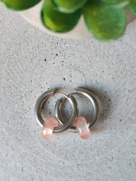 Cherry Quartz Donut Earrings on 15mm Stainless Steel Huggie