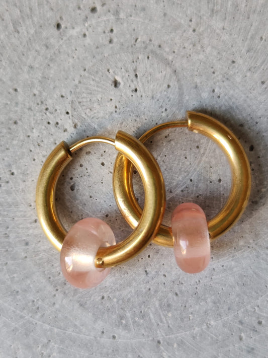 Cherry Quartz Donut Earrings on 20mm Gold Tone Stainless Steel Huggie