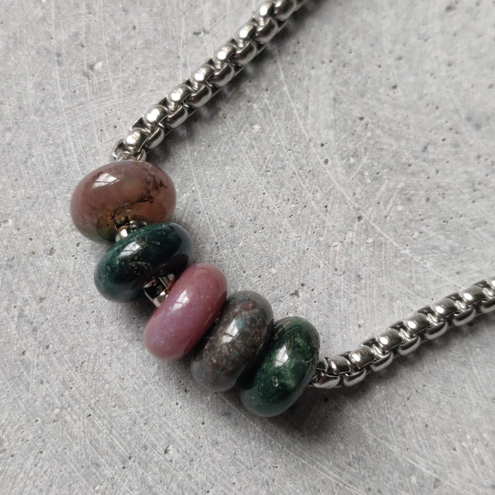 Indian Agate Donut on Box Chain Stainless Steel Necklace