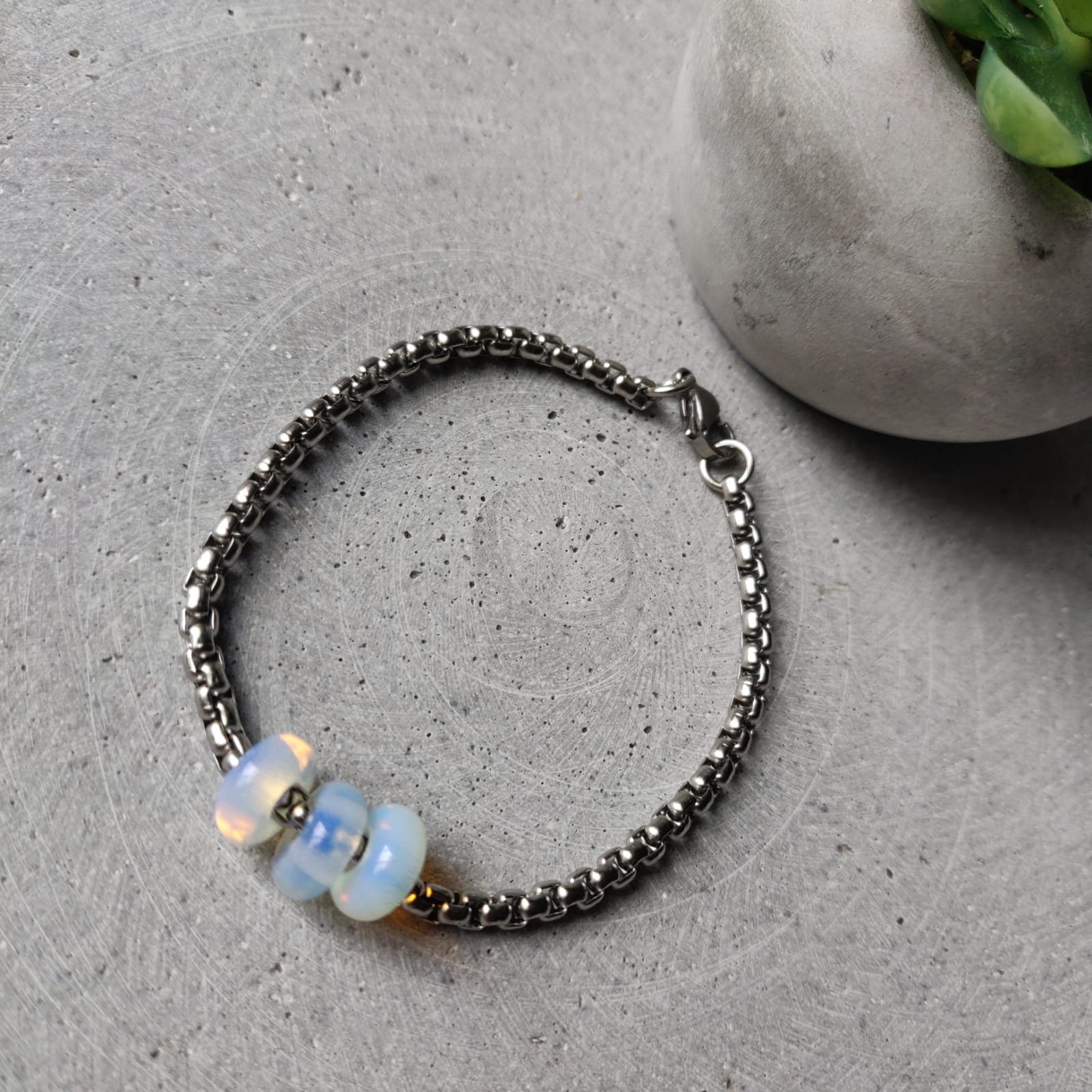 Opalite Donut on Box Chain Stainless Steel Bracelet