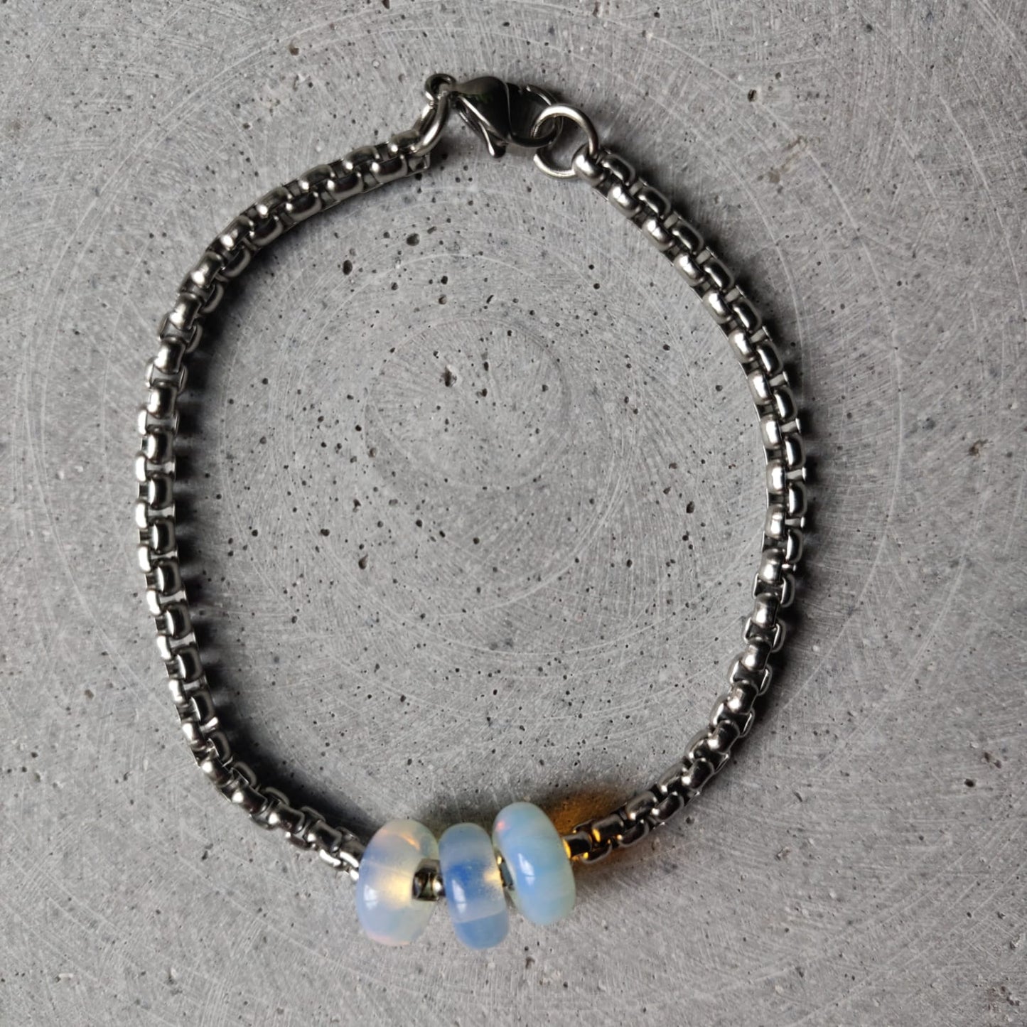 Opalite Donut on Box Chain Stainless Steel Bracelet