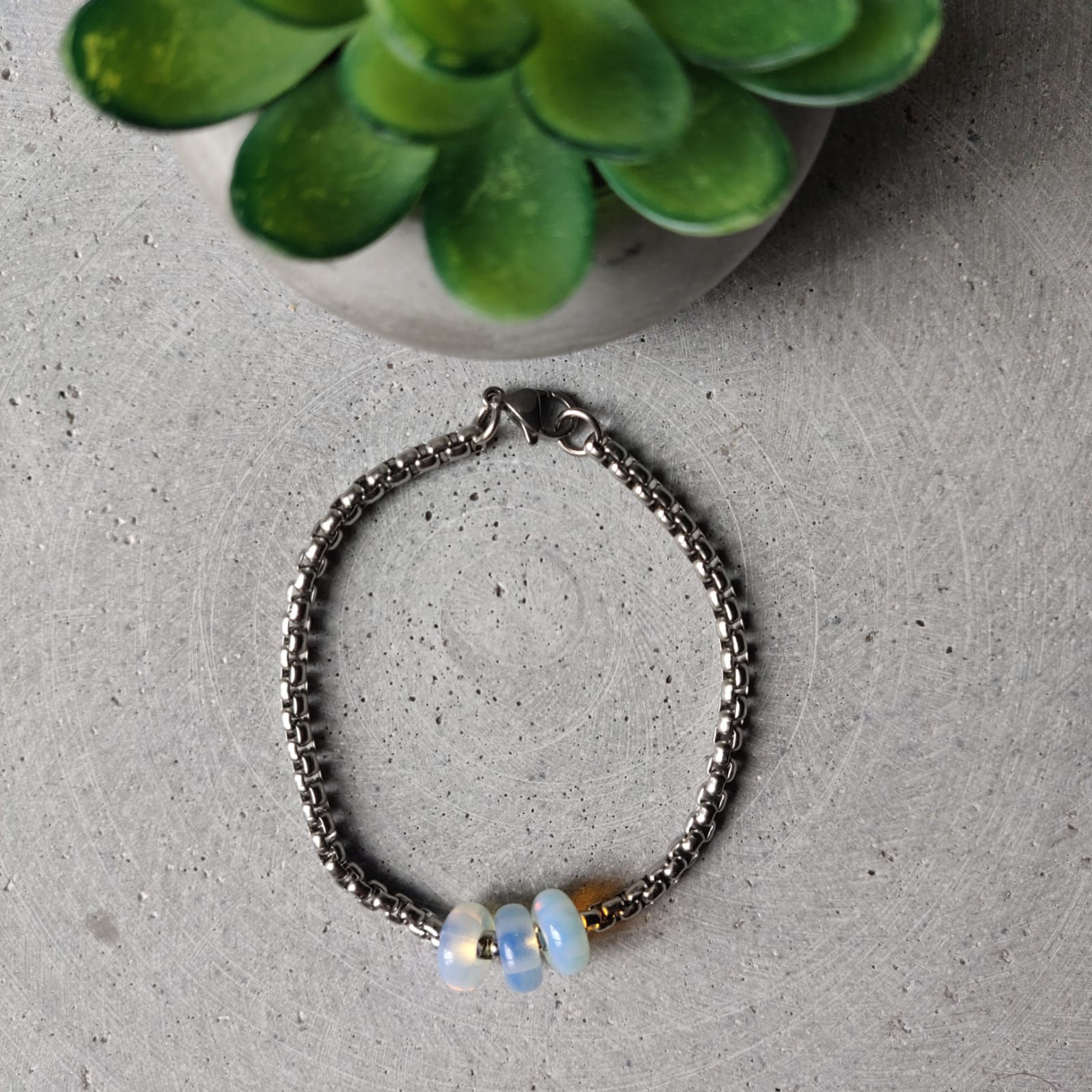 Opalite Donut on Box Chain Stainless Steel Bracelet