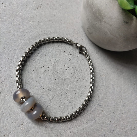 Grey Agate Donut on Box Chain Stainless Steel Bracelet