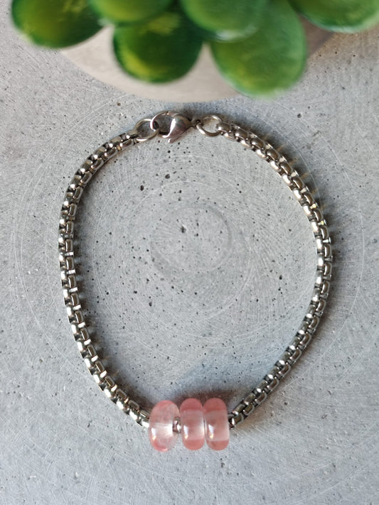 Cherry Quartz Donut on Box Chain Stainless Steel Bracelet