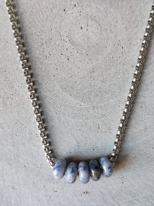 Blue Spot Jasper Donut on Box Chain Stainless Steel Necklace