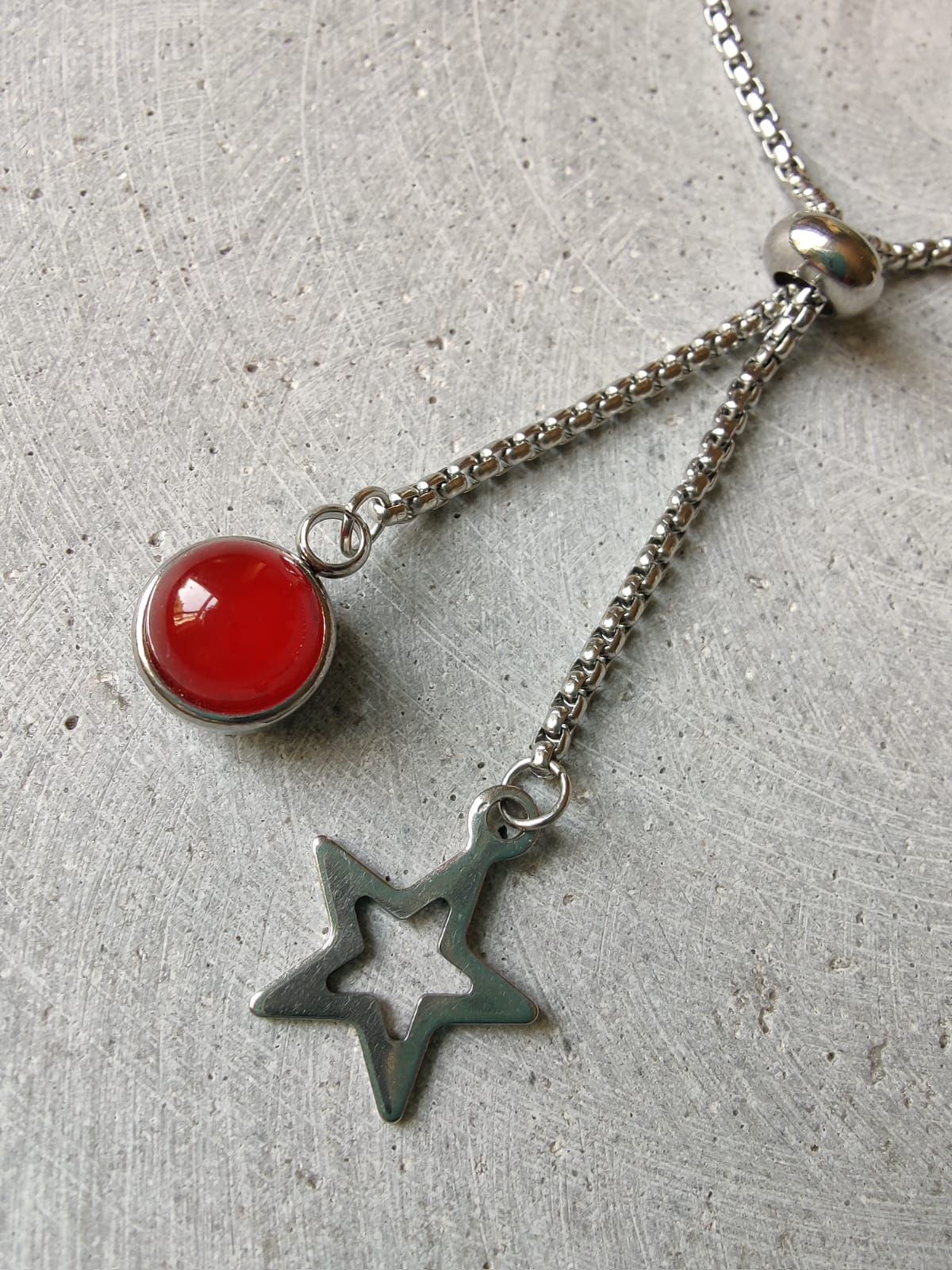 Carnelian Dangle Bracelet With Star Charm on Stainless Steel Box Chain