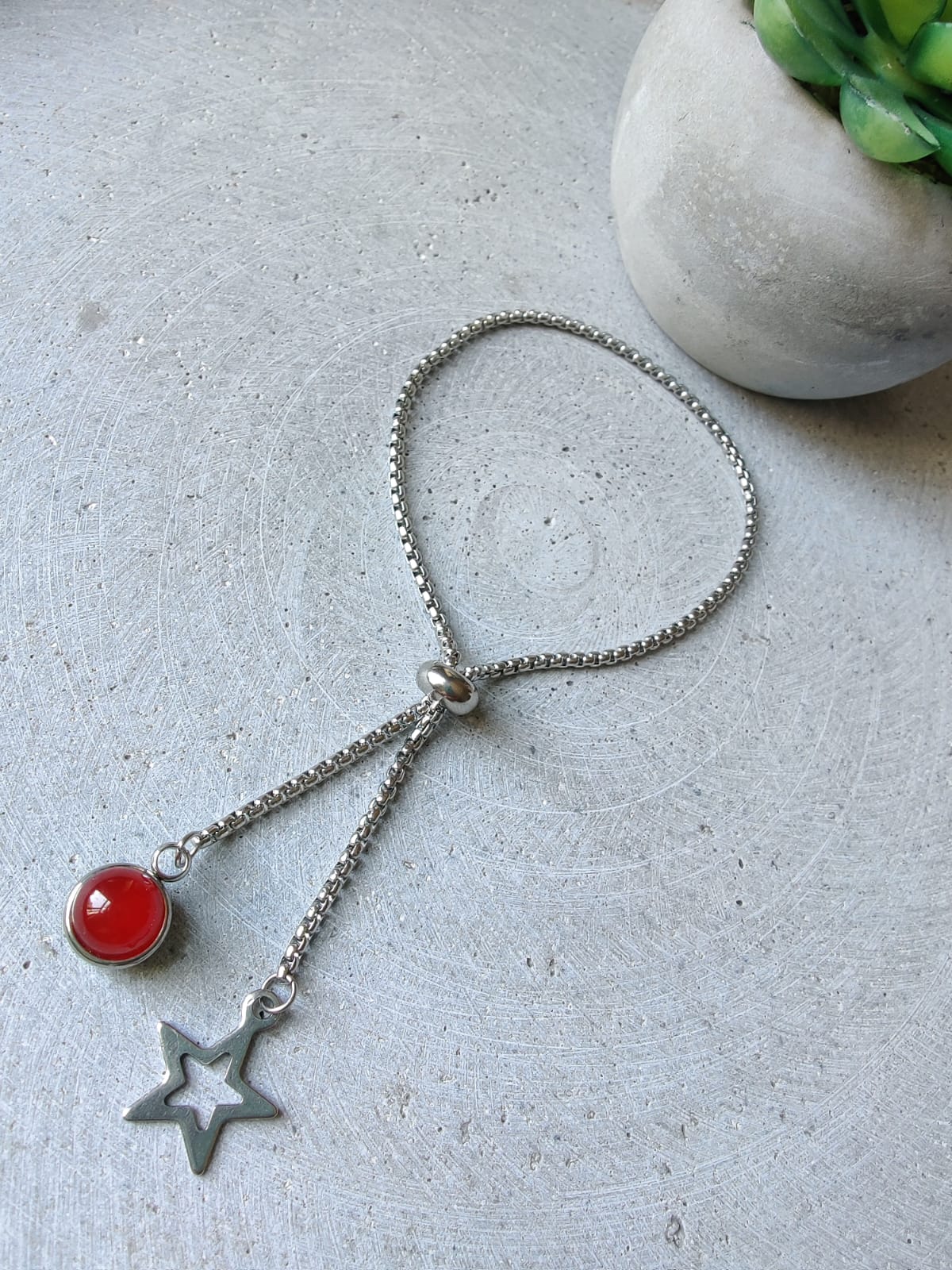 Carnelian Dangle Bracelet With Star Charm on Stainless Steel Box Chain