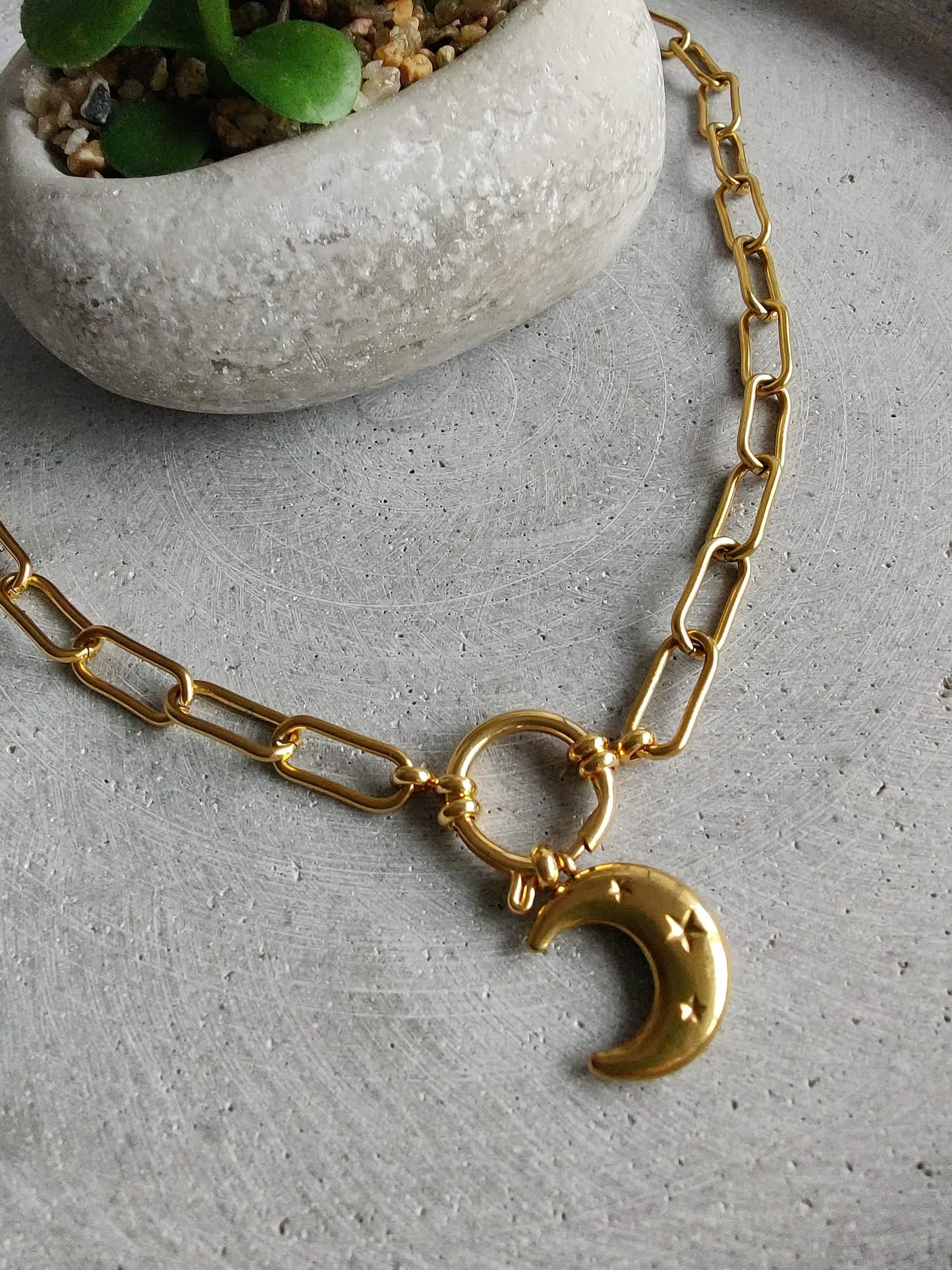 Paperclip Chain Gold Tone Stainless Steel Moon Charm Neklace