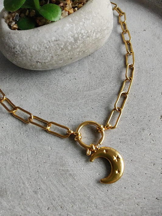 Paperclip Chain Gold Tone Stainless Steel Moon Charm Neklace
