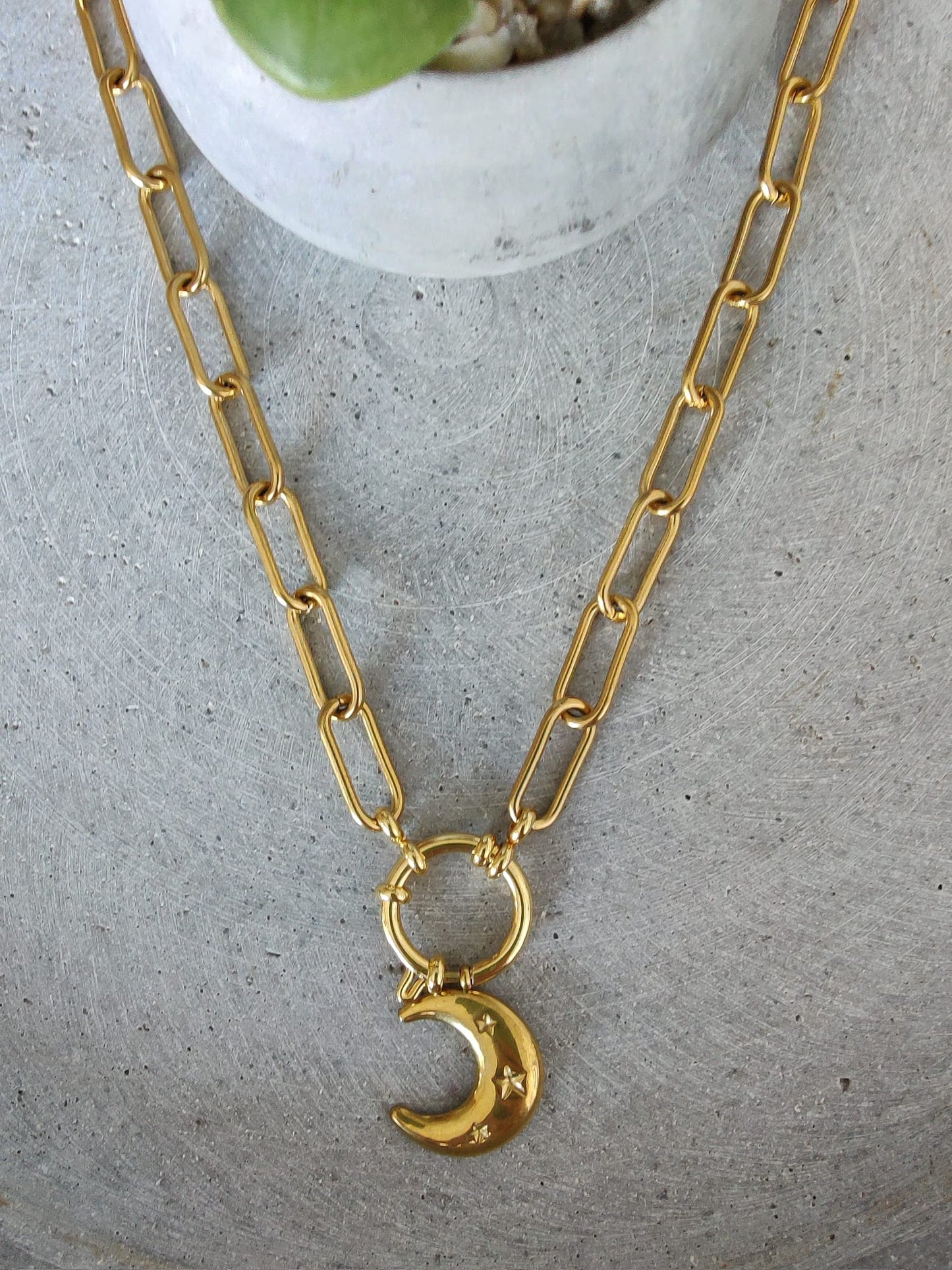 Paperclip Chain Gold Tone Stainless Steel Moon Charm Neklace